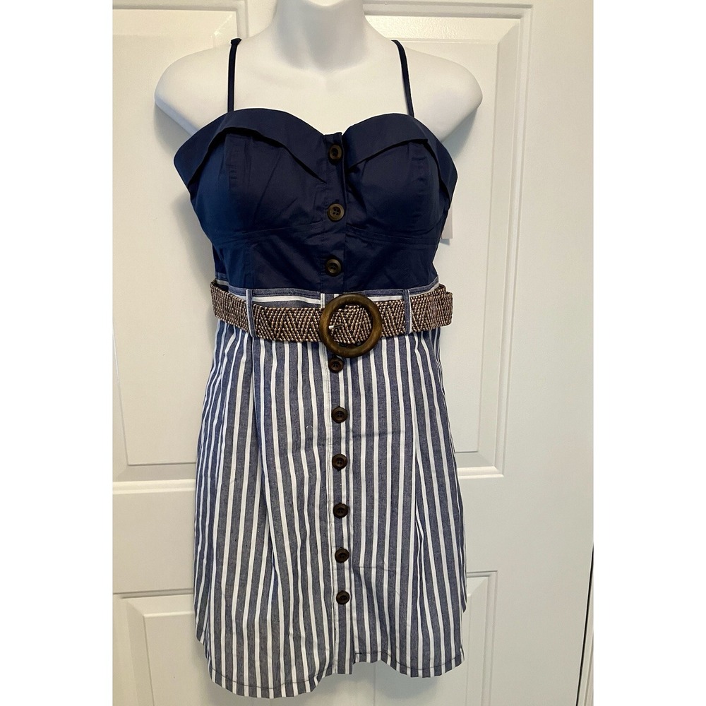 NWT Chocolate USA Large Striped Blue White Corset Smocked Juniors Dress Y2K‎ 90s